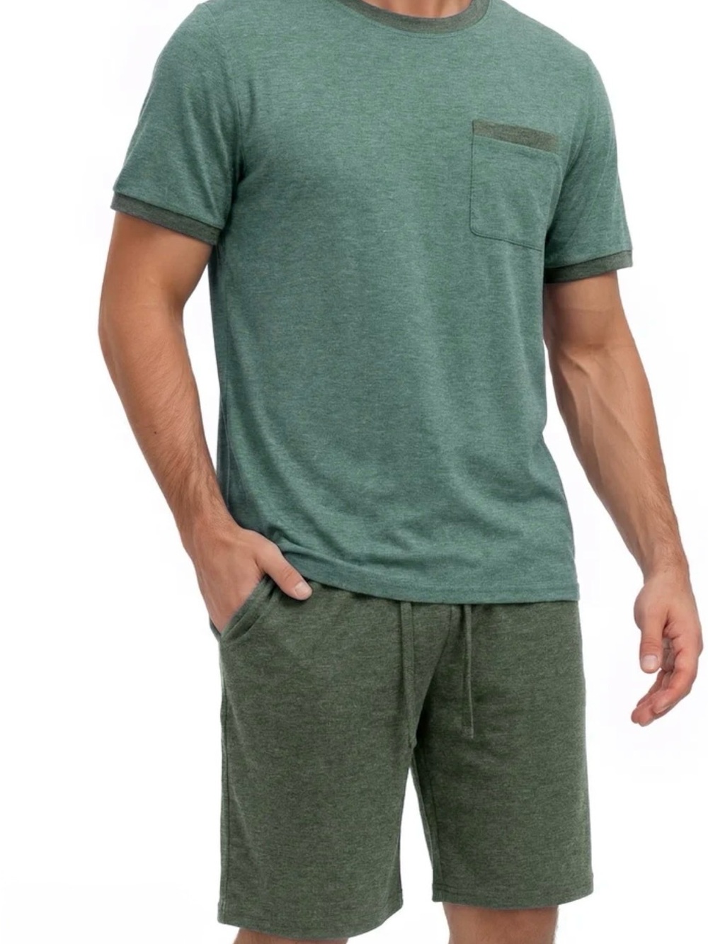 Men Pajamas Set Crewneck 2 Piece Set Short Sleeve Shirt with Color Block Pocket